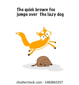 The Quick Brown Fox Jumping Over The Lazy Dog Vector Stock Illustration. Cartoon Flat Fox. Lazy Dod Sleeping. 