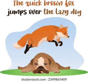 The quick brown fox jumps over the lazy dog cartoon illustration, fow and dog illustration, sleepy dog