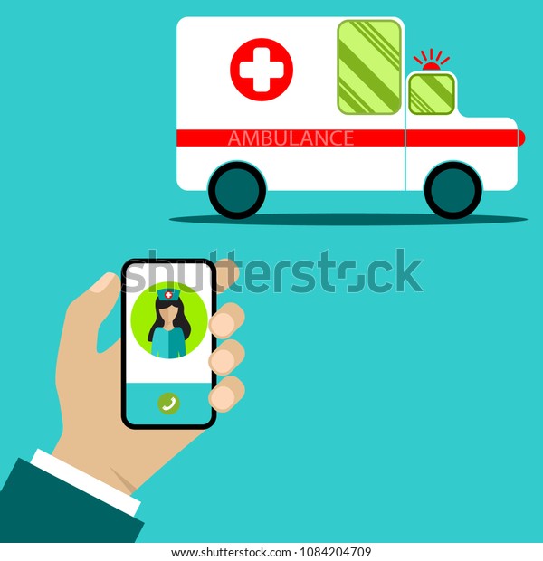 Quick call\
the doctor to any place using your smartphone. Vector illustration\
in flat style on blue\
background.