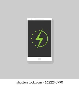 Quick charge icon. Smartphone with green Thunder lightning symbol, high tech symbol