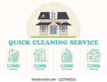 Quick Cleaning Service. General Cleaning at Home. Advertising Banner Cleaning Company. Bucket, Brush, Mop and Detergent. House Facade. Vacuum Cleaner. House Disinfection. Vector Flat Illustration.