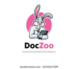 A quick and clever rabbit doctor in a white coat holding a clipboard