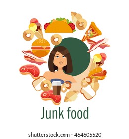 A quick collection of food vegetables flying vector illustration. not a healthy diet. The unhealthy food. Fat woman