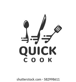 Quick cooking logo, fast food icon concept. Food studio vector logo concept. Kitchen tools. Food icon. Food and Cooking logo. Restaurant, Cafe vector logo template.