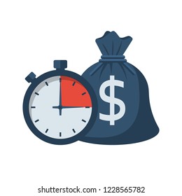 Quick credit. Fast money. Bag of money and stopwatch. Loan in a short time. Business and finance. Timely payment, financial solution. Vector illustration flat design.