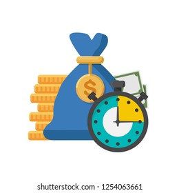 Quick credit. Fast money. Bag of money and stopwatch. Loan in a short time. Business and finance