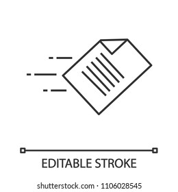 Quick data transfer linear icon. File sending. Thin line illustration. Flying document. Contour symbol. Vector isolated outline drawing. Editable stroke