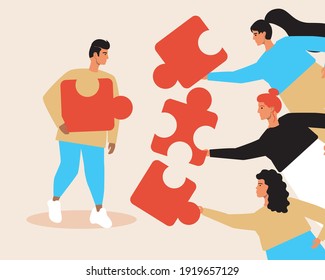 Quick date, the man with the puzzle chooses. Flat vector starting stock illustration. Women with a puzzle on a blind date. Couple choice concept. Quick date for relationships