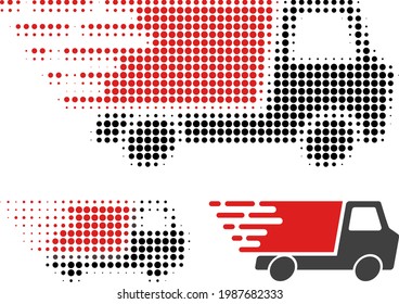 Quick delivery halftone dotted icon. Halftone array contains round pixels. Vector illustration of quick delivery icon on a white background.