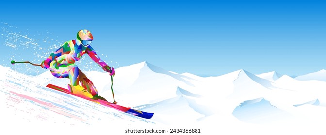 A quick descent against the backdrop of the sky and snow-capped peaks. The athlete is actively involved in skiing. Downhill and slalom. The bright-colored figure of a skier skiing.