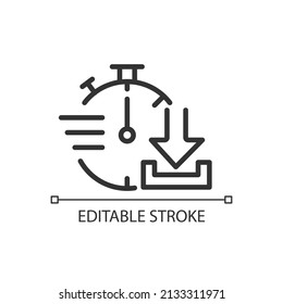 Quick download pixel perfect linear icon. Data transfer. Digital files receiving from remote system. Thin line illustration. Contour symbol. Vector outline drawing. Editable stroke. Arial font used