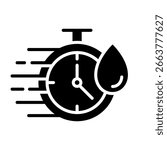 Quick dry icon set. Quick and fast clock dry wet clothes symbol. Fast drying formulation. Quick dry label product packaging design, logo, badge, circle, water drop, flat vector, isolated illustration.