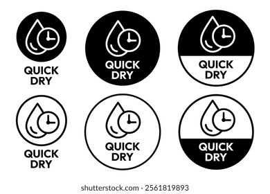 Quick dry icon set. Quick and fast clock dry wet clothes symbol. Quick dry label, logo, badge, sticker, emblem, circle, black vector, isolated illustration. Quick dry label product packaging design.