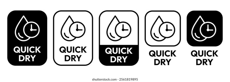 Quick dry icon set. Quick and fast clock dry wet clothes symbol. Quick dry label, logo, badge, sticker, emblem, circle, black vector, isolated illustration. Quick dry label product packaging design.