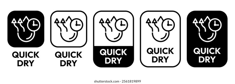 Quick dry icon set. Quick and fast clock dry wet clothes symbol. Quick dry label, logo, badge, sticker, emblem, circle, black vector, isolated illustration. Quick dry label product packaging design.