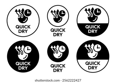 Quick dry icon set. Quick and fast clock dry wet clothes symbol. Quick dry label, logo, badge, sticker, emblem, circle, black vector, isolated illustration. Quick dry label product packaging design.