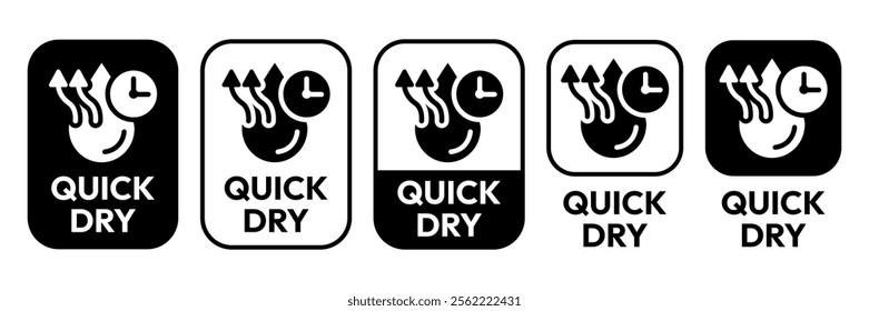 Quick dry icon set. Quick and fast clock dry wet clothes symbol. Quick dry label, logo, badge, sticker, emblem, circle, black vector, isolated illustration. Quick dry label product packaging design.