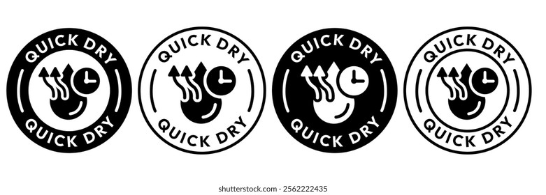 Quick dry icon set. Quick and fast clock dry wet clothes symbol. Quick dry label, logo, badge, sticker, emblem, circle, black vector, isolated illustration. Quick dry label product packaging design.