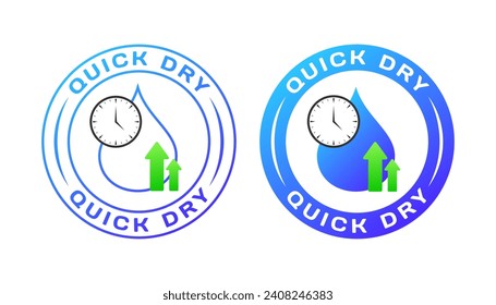 Quick dry stamps. Clock and water drop icon with up arrows, stopwatch and water drop, quick dry stamps. Vector icons