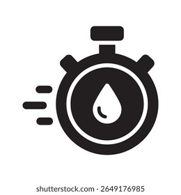 Ícone de tecnologia de secagem rápida com um cronômetro e gota de água representando evaporação rápida de umidade e rápida secagem material desempenho vetor ícone de glifo sólido