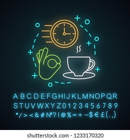 Quick and easy services neon light concept icon.  Coffee break. Good morning idea. Rest. Glowing sign with alphabet, numbers and symbols. Vector isolated illustration