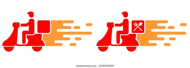 quick or express food shipment, speed or Fast moving shipping delivery with scooter motorbike and flame, fork and spoon icon. Online order couriers, local distribution, logistics situations.