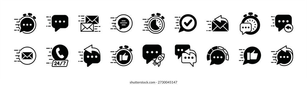Quick and fast response time icon vector set. Contains message, chat, mail, feedback, reply, answer, 24 hours call center for social media. Stopwatch with speech bubble and checkmark - illustration