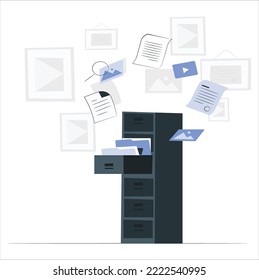 Quick files or media content search. Documents archiving and data storage. Large database, hosting system. File manager. Open drawer with folders. Vector illustration