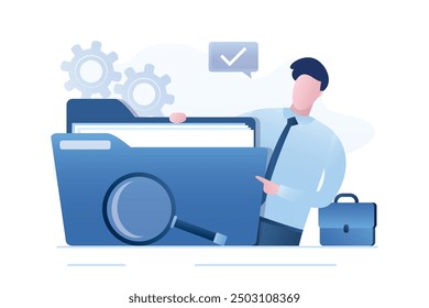 Quick files search. Male clerk holds folder with documents. Database indexing, fast unzipping. Easy search system for files and information. Content storage. Smart businessman. Vector illustration