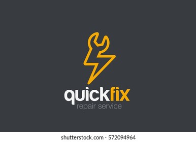 Quick Fix service Logo design vector template.
Spanner Wrench Thunder Lighting Bold Fast rapid repair Logotype concept icon.