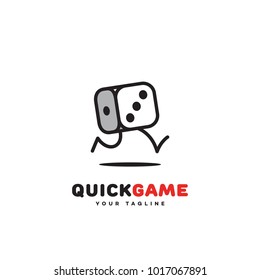 Quick game logo template design with a running dice. Vector illustration.