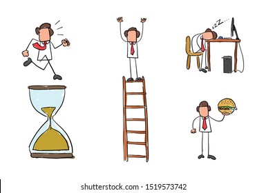 Quick hand drawing businessman set. Running on sand watch, standing on top of wooden ladder, sleeping at computer desk, holding fast food hamburger. Black outlines and colored.