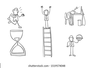 Quick hand drawing businessman set. Running on sand watch, standing on top of wooden ladder, sleeping at computer desk, holding fast food hamburger. Black outlines and white background.