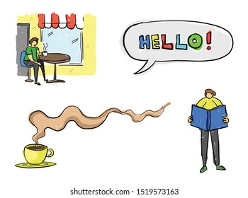 Quick hand drawing man and object set. Man sitting on cafe and drinking tea or coffee, hello in speech bubble, coffee or tea with exquisite smell and man reading book. Black outlines and colored.
