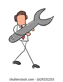 Quick hand drawn faceless businessman character walking and holding spanner. Black outlines and colored.