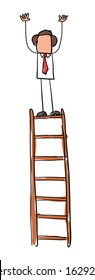 Quick hand drawn faceless businessman character on top of wooden ladder. Black outlines and colored.