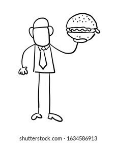 Quick hand drawn faceless businessman character holding hamburger fast food. Black outlines and white.