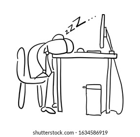 Quick hand drawn faceless businessman character tired and sleeping on computer desk. Black outlines and white.