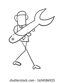 Quick hand drawn faceless businessman character walking and holding spanner. Black outlines and white.