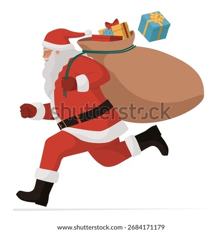 Quick happy Santa Claus running and carrying a sack full of Christmas gifts, isolated on white background