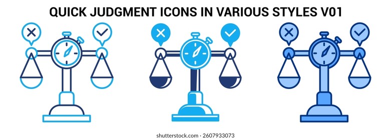 Quick judgment icon represented by scale, stopwatch, cross mark, check mark Blue, Dualline, Dualtone style.