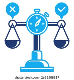 Quick judgment icon represented by scale, stopwatch, cross mark, check mark Dualtone style.
