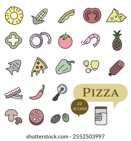 Quick lunch or dinner. Tasty Italian food colored icons with stroke. Pizza ingredients. Pizzeria icons. EPS 10.