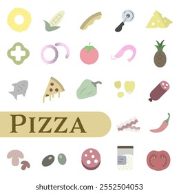 Quick lunch or dinner. Tasty Italian food color icons. Pizza ingredients. Pizzeria icons. EPS 10.