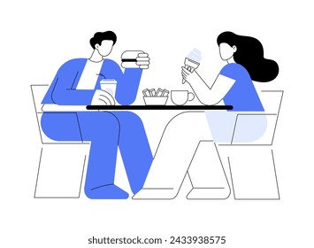 Quick lunch isolated cartoon vector illustrations. Happy couple sitting in the cafe outdoors, eating tasty sandwich, outdoor eatery, have lunch together, urban lifestyle vector cartoon.