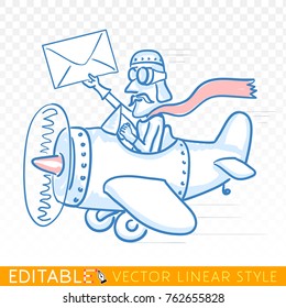 Quick Mail. Fast Delivery By Plane. Express Shipping. Funny Air Postman. Editable Sketch Caricature In Blue Ink Style. Hand Drawn Doodle Vector Illustration.