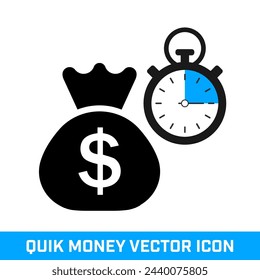 Quick Money Vector Icon. Money Bag with Stopwatch. Isolated on white.