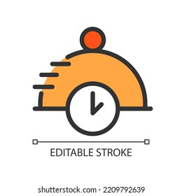 Entrega rápida de un icono de color RGB perfecto de píxel naranja. Restaurante. Comer. Esperando tiempo. La restauración. Ilustración vectorial aislada. Dibujo de línea simple relleno. Trazo editable. Tipo de letra arial utilizado