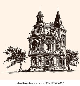 A quick pencil sketch of a classic Victorian brick building with towers isolated on a beige background.