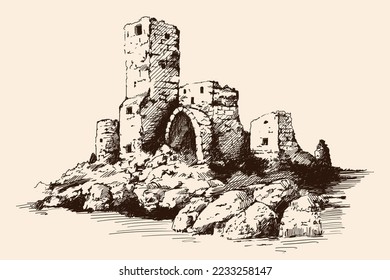 Un rápido boceto a lápiz de un castillo medieval de piedra con torres y arcos en una orilla rocosa.